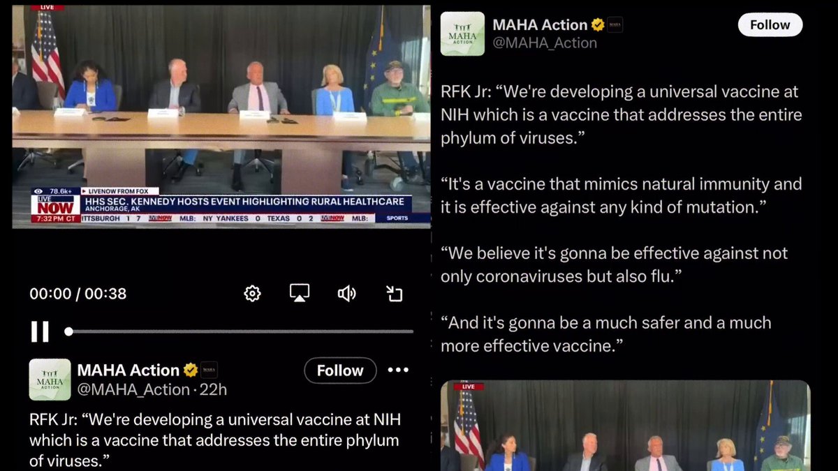 MAHA Action just deleted this new video of RFK Jr. talking about how they're developing a new universal vaccine at NIH for corona and flu which is "gonna be a much safer and more effective vaccine". Hazard a guess on why they'd do that?