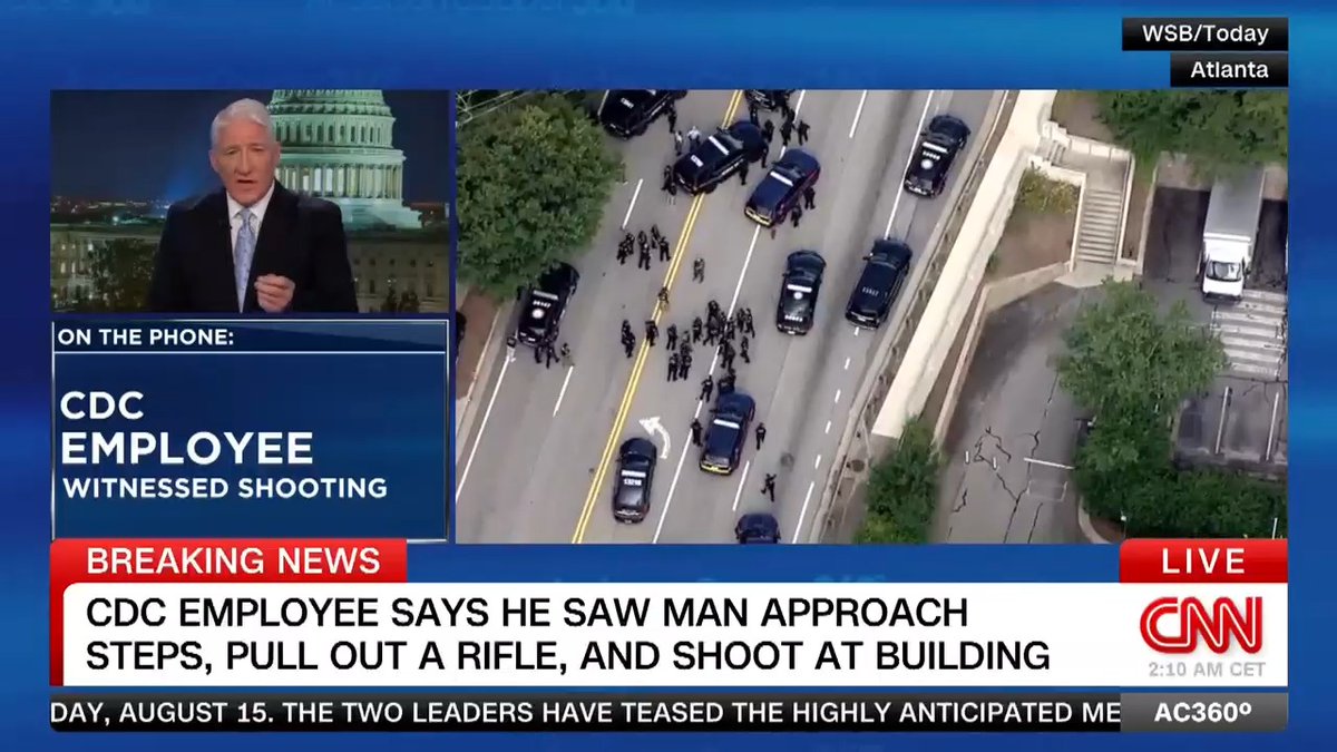 "He raised the rifle... at an angle and started firing at the CDC's campus": That's what a CDC employee says he saw during today's shooting in Atlanta. According to police, one officer was killed and the gunman is also dead. They believe the shooter was targeting the CDC.