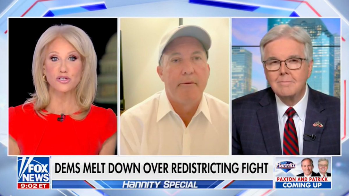 Unlike the runaway Democrats, the conservative Texas Senate is hard at work to deliver 5 more Republican congressional seats. I joined Kellyanne Conway and AG Attorney General Ken Paxton on Sean Hannity 🇺🇸’s show tonight to discuss. WATCH: