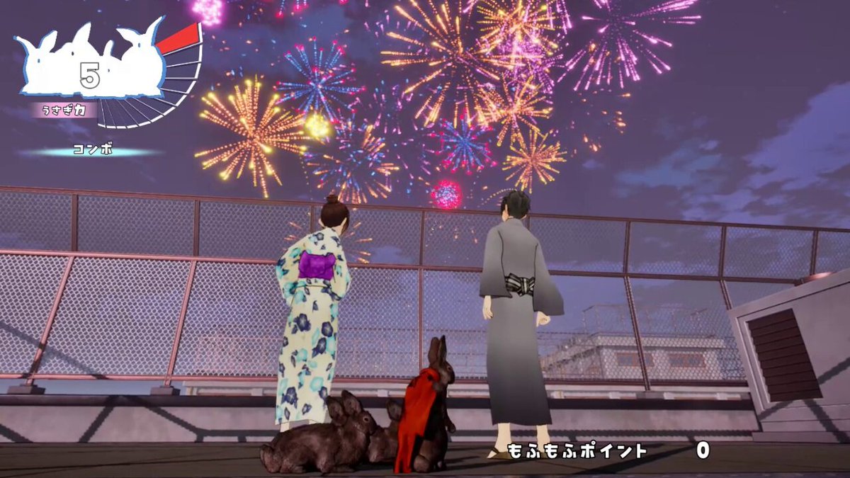 #スーパーゲ制デー リアルファンタジックうさぎアクションゲーム 『ララララビッツ/RrrrrAbbits』を開発中です🐇 お盆休みの花火大会🎆 うさぎは、縁結びの神様と言われていますので 皆さんもうさぎに出会えたらいいですね！ #indiedev #indiegame