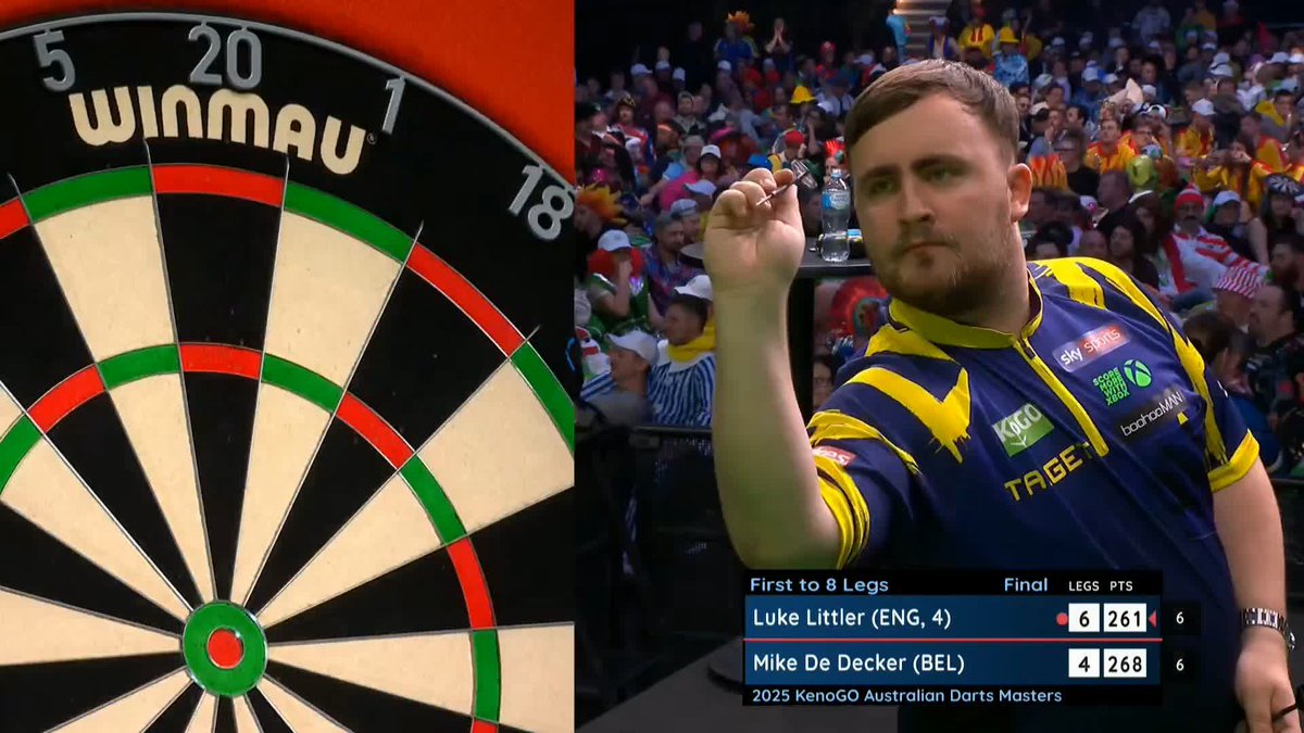 LITTLER ON THE CUSP! Luke Littler is on the verge of lifting the Australian Darts Masters title! The teenage superstar follows up his seventh maximum with a brilliant bull finish to lead De Decker 7-4! 📺 #AusMasters | Final