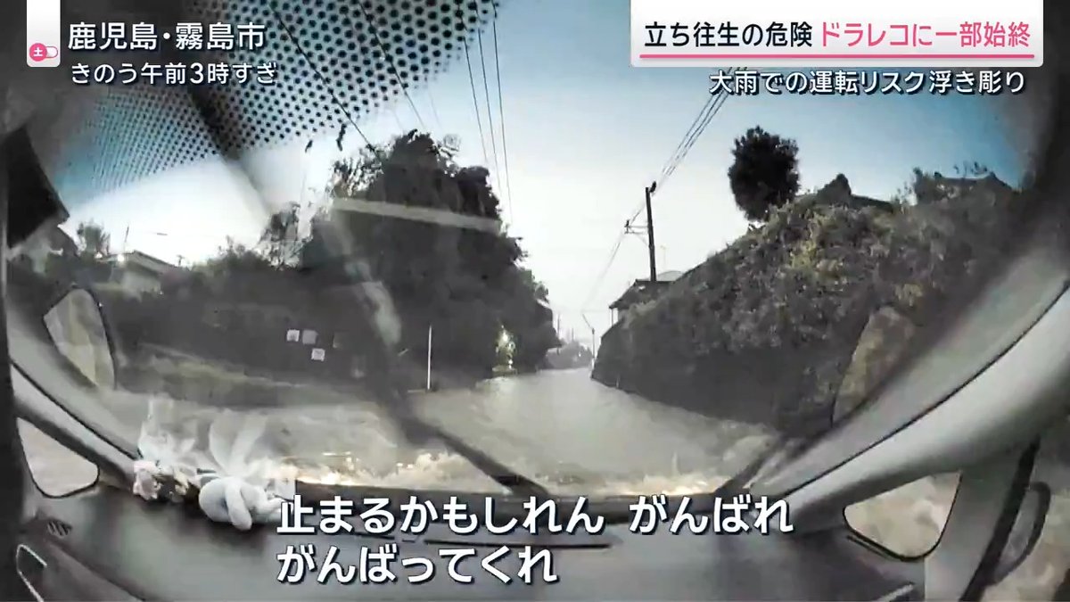 【大雨で車が立ち往生…ドラレコに残る“一部始終”】 ｜ 車に閉じ込められた男性 「一瞬に車が浮いたような感じがして、その後いくら踏んでもまったくタイヤが回らない感じになってちょっと左に流されていった」 鹿児島・霧島市で8日、全国で今年初の大雨特別警報が発表 ドライブレコーダーには男性の立ち往生の一部始終が記録されていた ▼8日午前3時すぎ 男性は車で帰宅 まだ大雨特別警報は出ておらず、道路の冠水も見られなかった →雷で空が明るくなった瞬間、周辺一帯が冠水していることが明らかに 「止まるかもしれん。がんばれ、がんばってくれ」 いったん冠水地帯を抜けたと思いきや、すぐに次の冠水地帯が現れる。水はフロントガラスに迫る高さにまで... ▼エンジンが停止 水は腰のあたりまで迫り、男性は自力で脱出を試みるもドアが開かず警察に電話 警察「窓を開けて窓から出て避難できますか？」 男性「なんとかできないことはないと思います」 車に閉じ込められた男性 「警察も救急隊もまったく対応できませんということで。『同じようなケースが多すぎて』と」 ▼男性は窓を開けるなどして“脱出” 「いつも通っている道で、ここが川ということも全く 認識していなかった」 「まさかここだけこんなに水かさがあるとは」 「1回ちょっと車が浮くような感覚があったんですけど、気づいて避難できていれば」 ▼広い範囲が浸水した霧島市は片付けに追われる 西郷隆盛ゆかりの観光施設では、弁当などの予約リストが流され確認できない状況に また、厨房の設備も水に浸かり営業再開の目処は立たず 日当山 無垢食堂 古川貴弘 支配人 「本当にゼロからもう1回お店を作り直すくらいの感じになるのかな。ちょっと時間がかかりそうだなと」 ▼霧島市では断水が続き給水所には長い列が 大雨により送水管が破損したことなどで、県は霧島市と姶良市で断水が最大4万戸にのぼる可能性があるとし、復旧は未定 サタデーステーション
