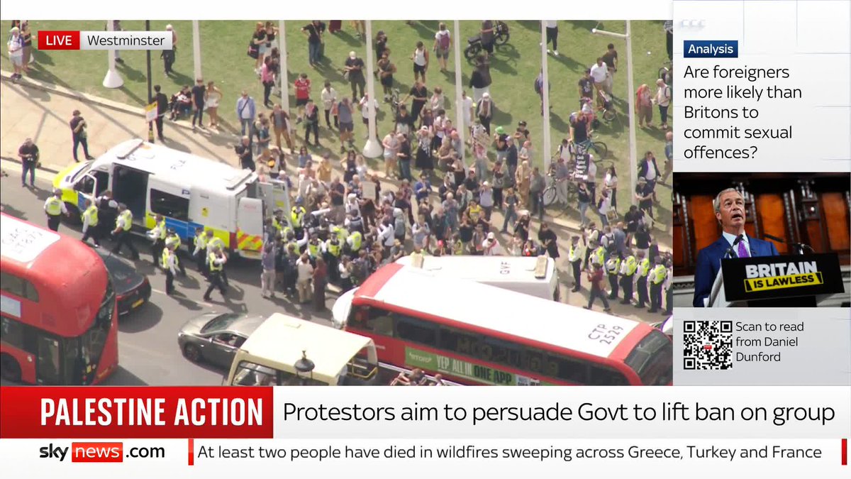 More than 50 people have been arrested after a "significant number of people" turned out for a Palestine Action demonstration. Sky's Gurpreet Narwan reports from Parliament Square in London. 📺 Sky 501