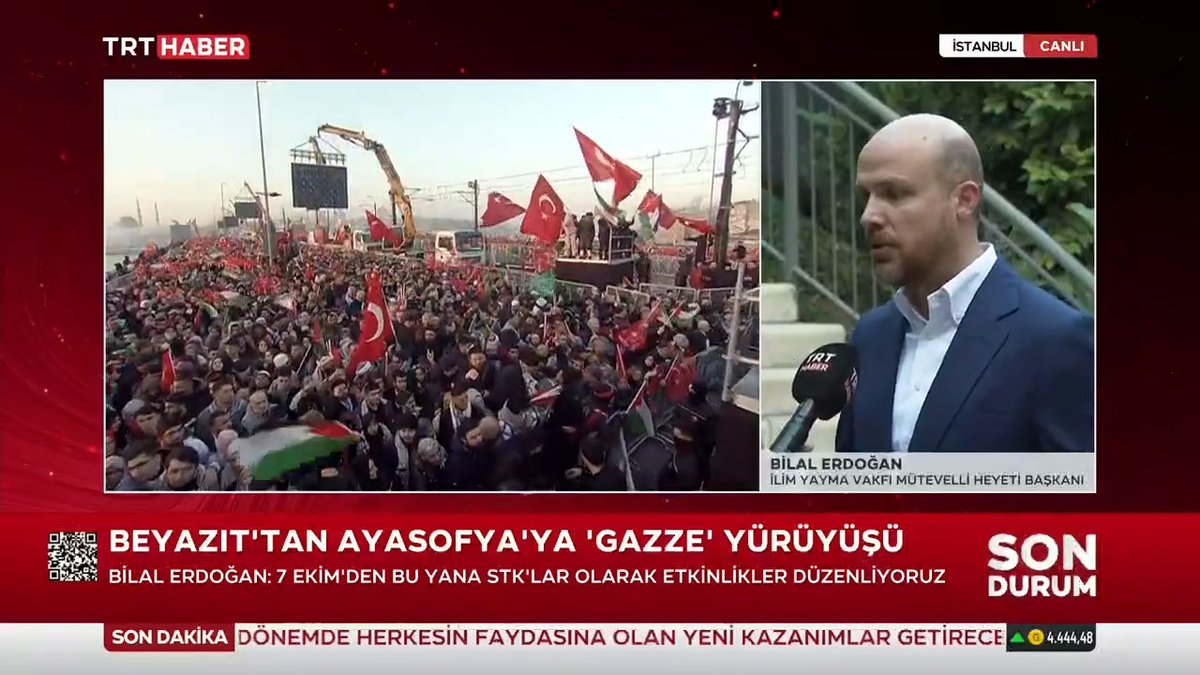 İlim Yayma Vakfı Mütevelli Heyeti Başkanı Bilal Erdoğan: Beyazıt'tan Ayasofya'ya akşam namazından sonra bir yürüyüş yapacağız. Dünyaya yeniden artık bu soykırımın bitmesi için İstanbul'dan bir haykırış yükselecek. Bütün halkımızı bekliyoruz. #GazzeyeUmutOl