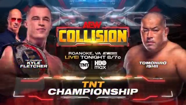 #AEWCollision 8pm ET/7pm CT, TNT + HBO Max TONIGHT! TNT Title Match @KyleFletcherPro vs Tomohiro Ishii After Ishii + The Conglomeration won $200,000 on Collision at The Invisible Hand Family’s expense, new TNT Champion Kyle Fletcher will defend the belt vs Ishii TONIGHT!