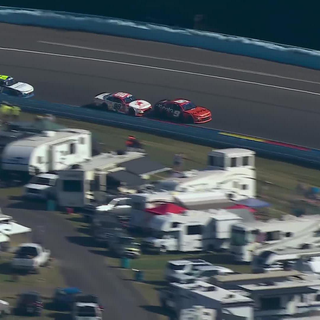 Caution is out after Connor Zilisch makes contact with Shane van Gisbergen as they race for the lead.