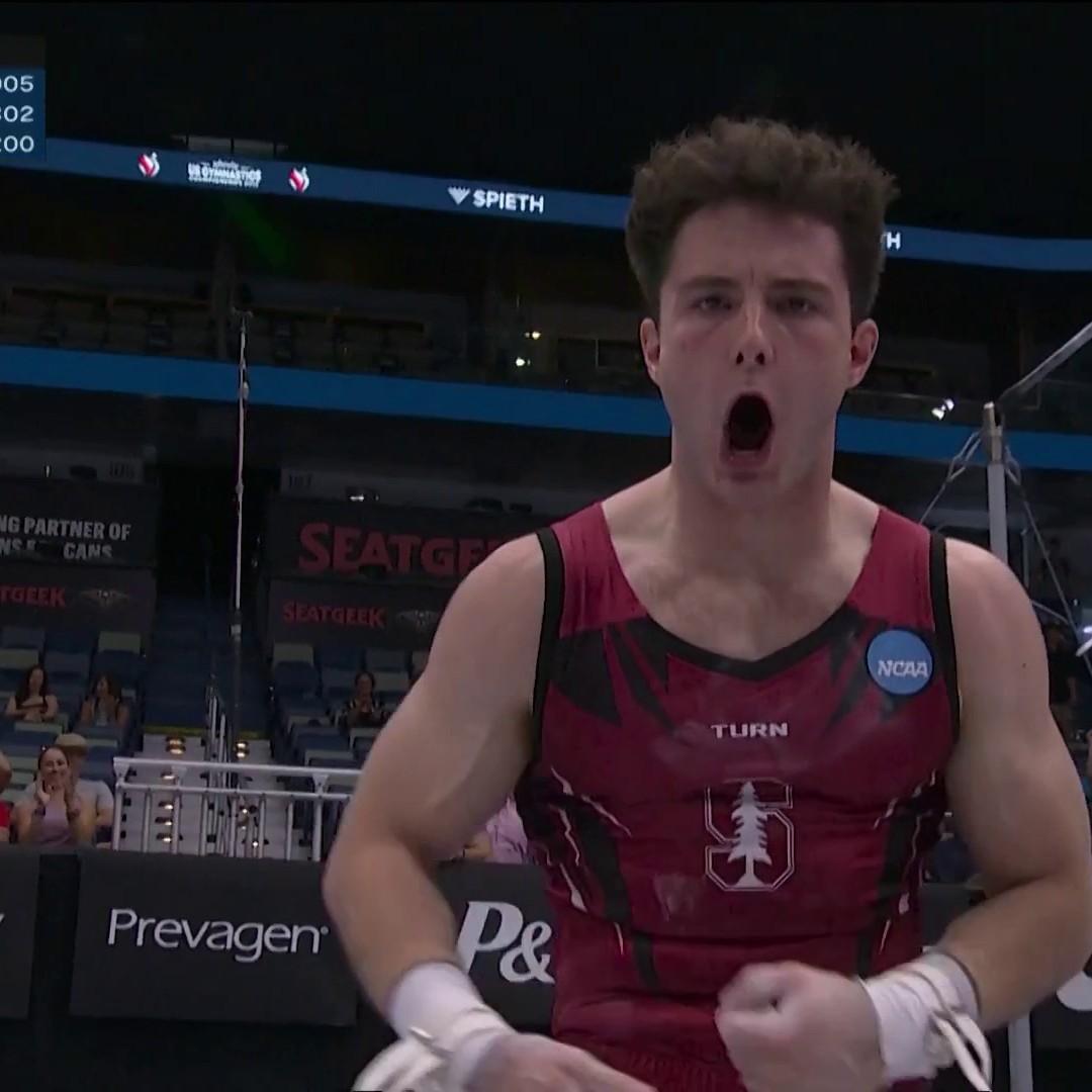 Taylor Burkhart was FIRED UP after his fantastic high bar routine! 😤 #XfinityChamps 📺 CNBC & Peacock | Stanford Gymnastics