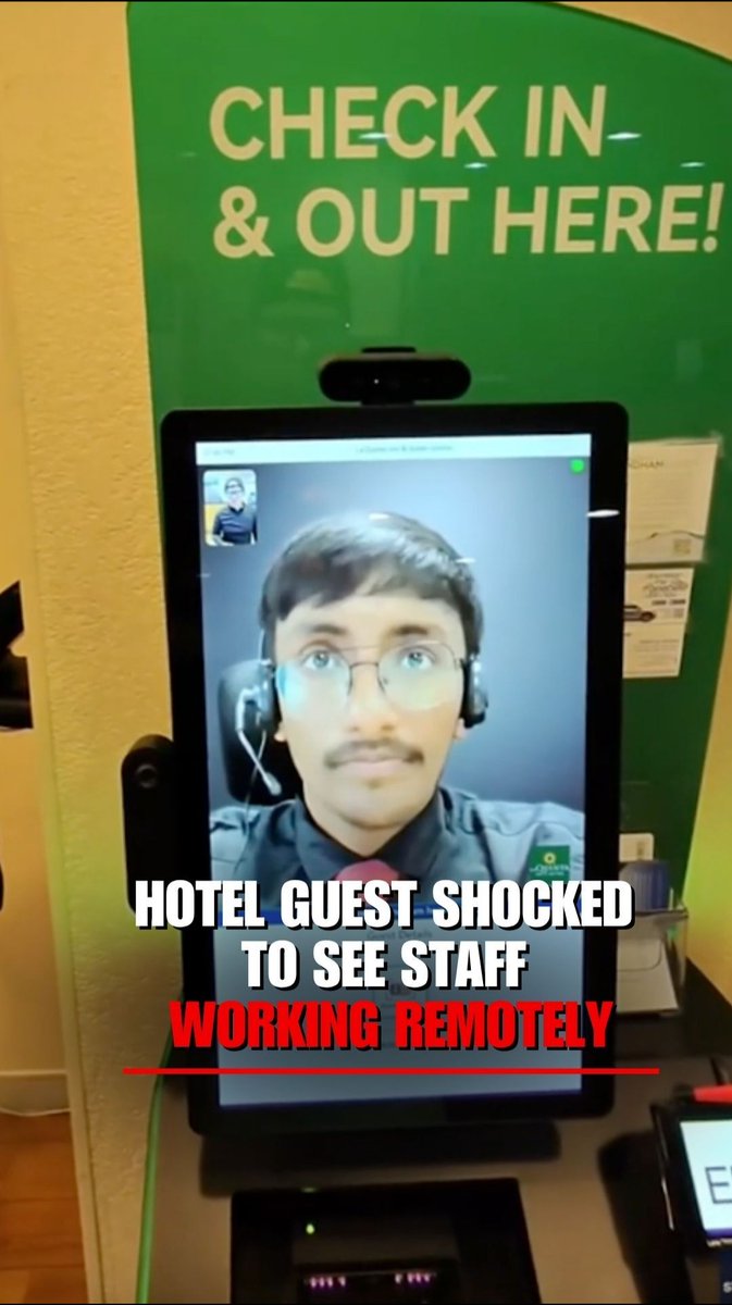 WATCH: Hotel guest stunned after using a check-in system with a remote employee on a screen.