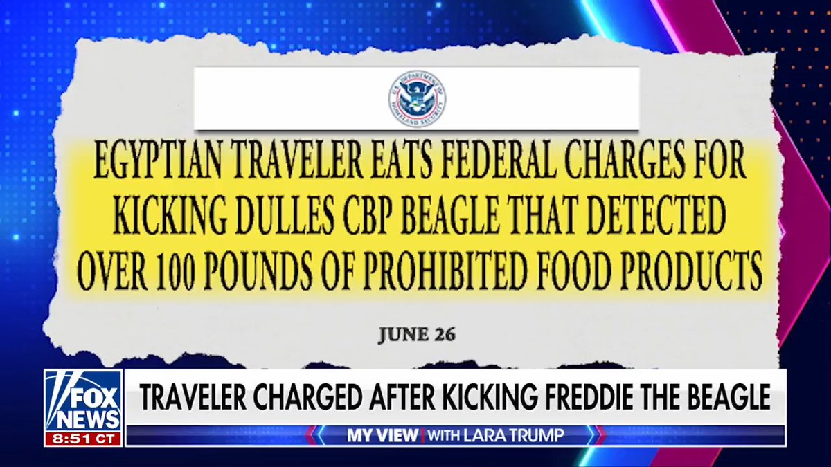 .Secretary Brooke Rollins explains to Lara Trump how "Freddie" the rescue dog, who was attacked on the job, helps sniff out threats to the American food supply system on My View with Lara Trump.