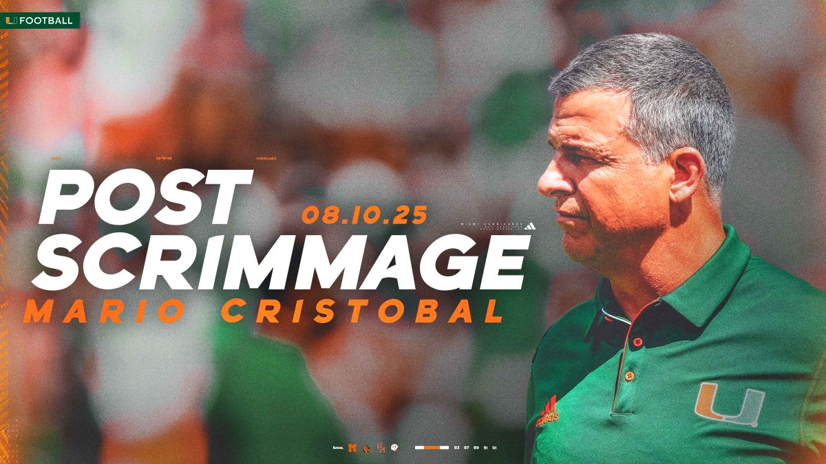 Don Bailey Jr. catches up with head coach Mario Cristobal after the Hurricanes’ first full scrimmage of 2025 fall camp:
