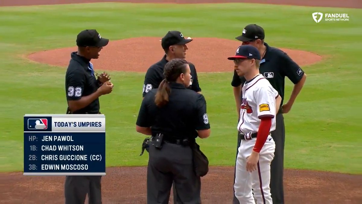 Another historic afternoon in Atlanta! One day after becoming the first woman to umpire an MLB regular season game, Jen Pawol is behind home plate for the Braves vs. Marlins series finale. 👏👏