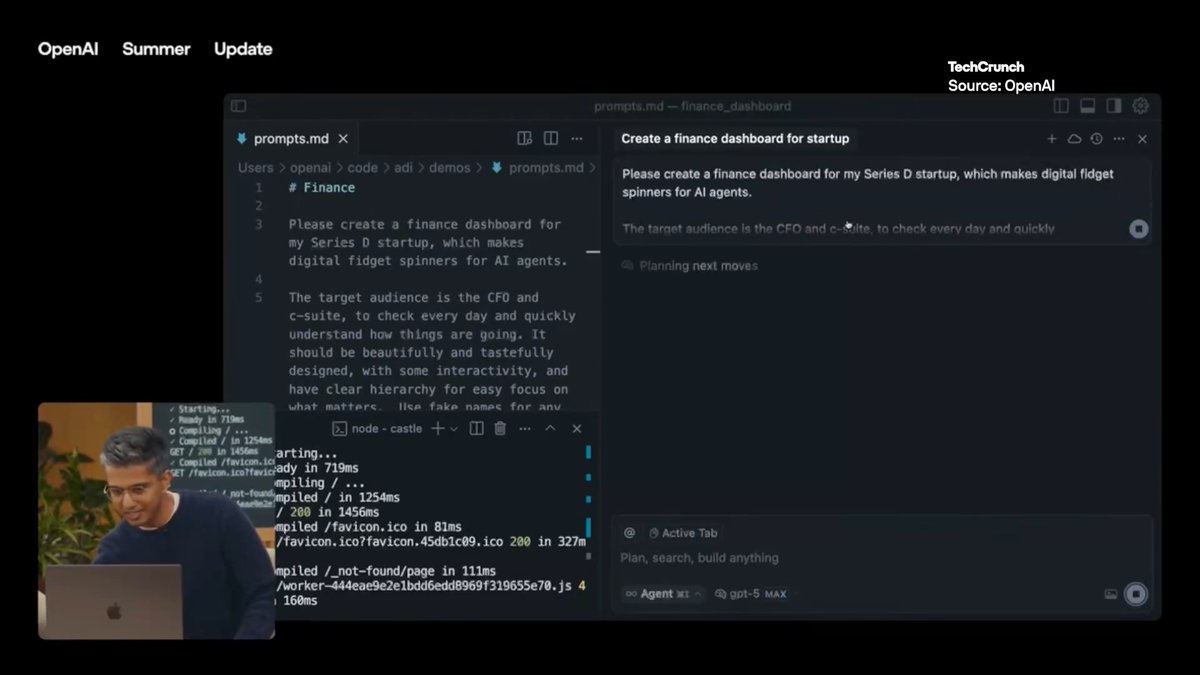 OpenAI has startups in mind with GPT-5's new vibe coding abilities. Watch its new capabilities demonstrated as it creates dashboards from written prompts.
