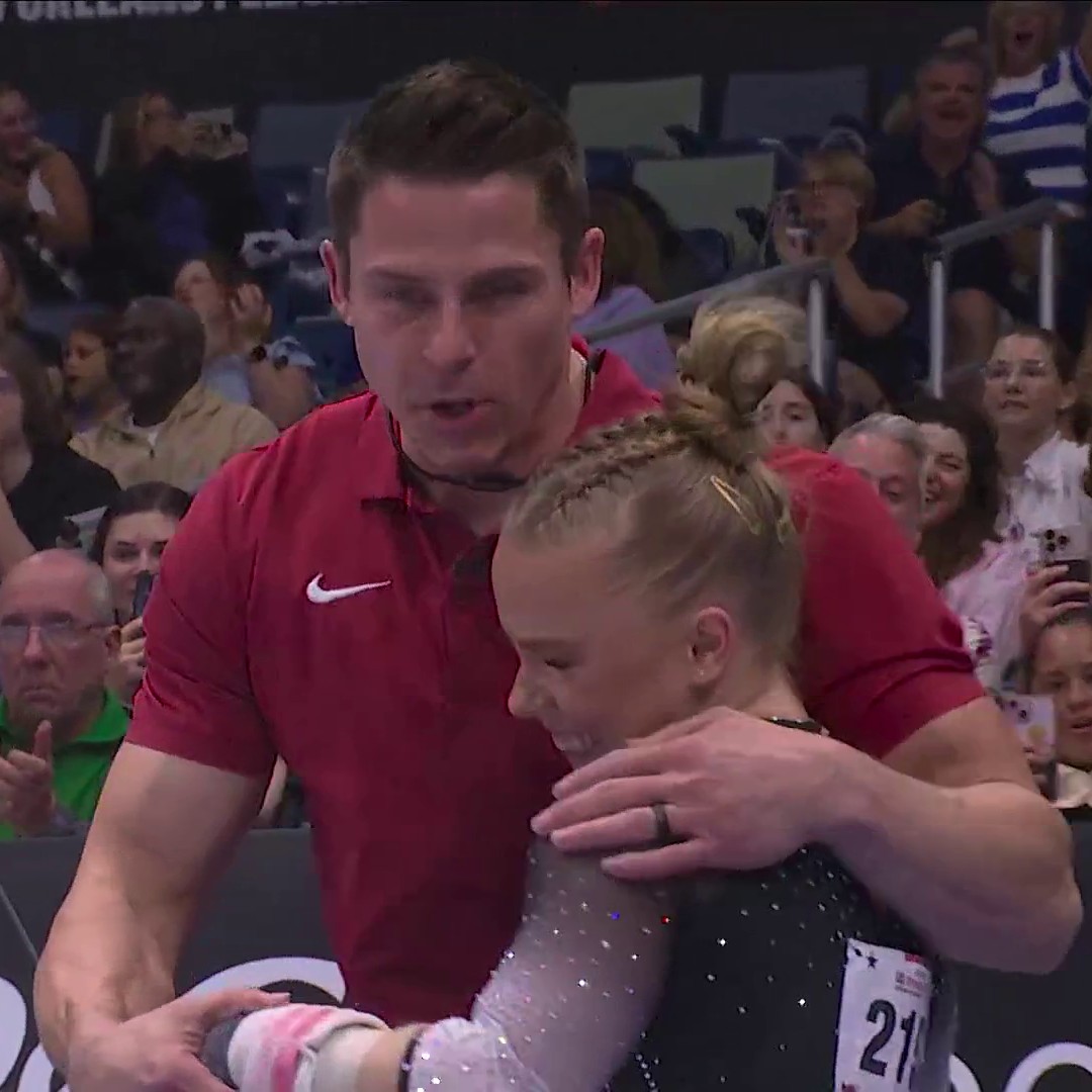 Joscelyn Roberson’s coach, Chris Brooks, was fired up after her uneven bars routine!🙌 #XfinityChamps 📺 NBC &amp; Peacock | Arkansas Gymnastics 🐗