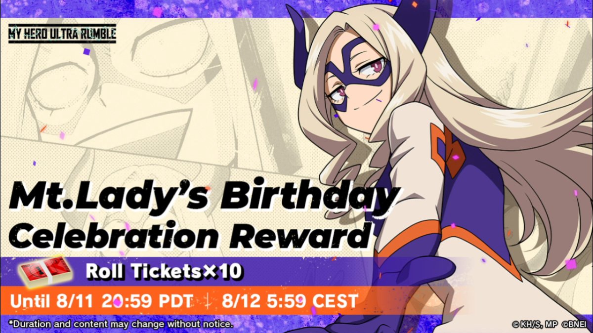 Now here's a Hero whose birthday cake I would eat... Happy Birthday to Mt. Lady! Log in and get 10 Roll Tickets! #MHUR