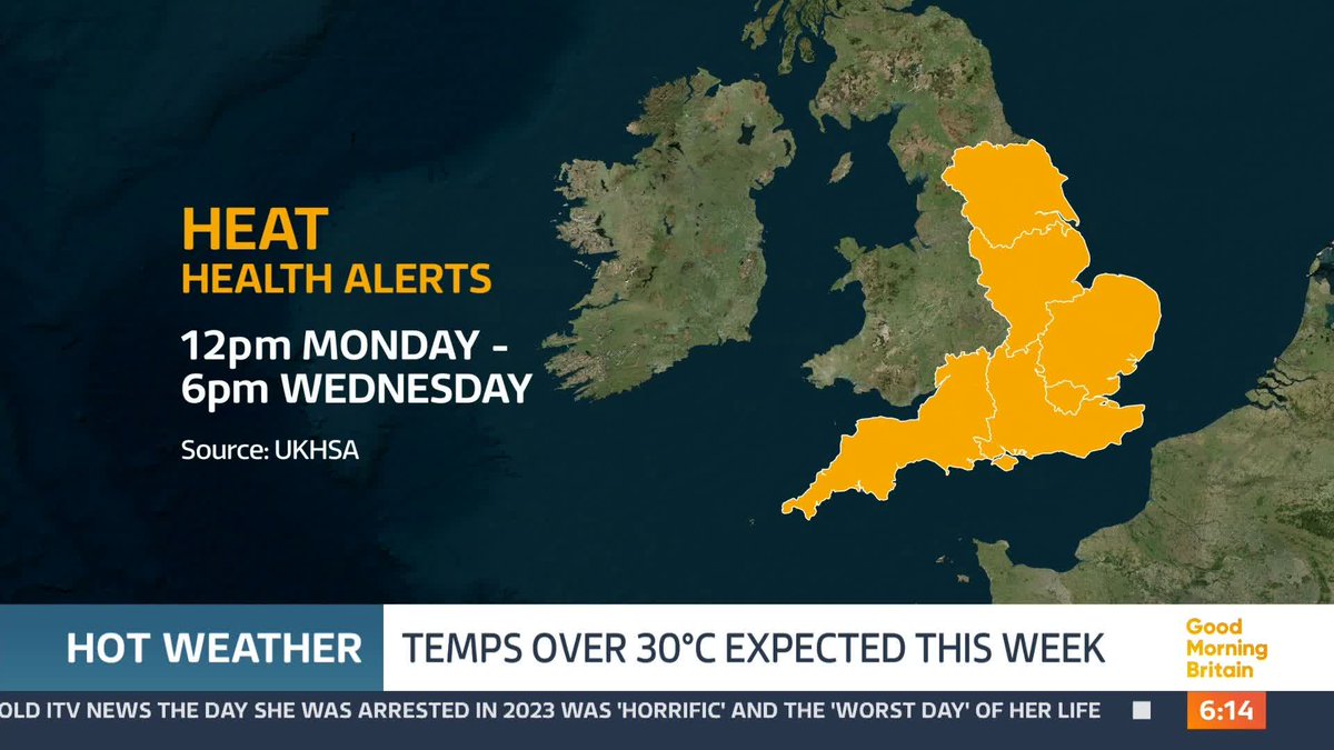 Temperatures will soar above 30 degrees Celsius in parts of the UK today. Most of England will be covered by a Yellow Heat Health Alert that comes into place from noon - and will be remain until Wednesday evening. @swainitv reports from Wimborne.