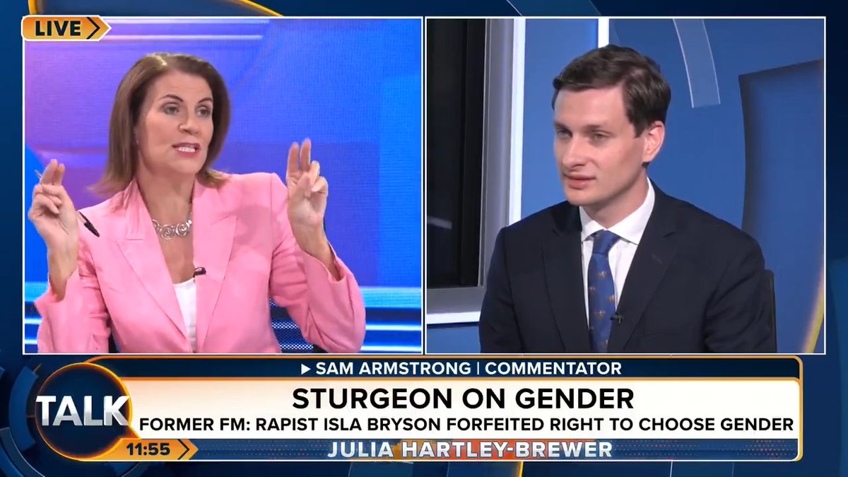 Julia Hartley-Brewer slams ex-FM Nicola Sturgeon as an "eejit", after she says convicted rapist Isla Bryson "forfeited his right" to choose his gender. "Even if he's a shoplifter and a man, he still shouldn't be in a women's prison - why?! Because he's a SODDING man!" Julia Hartley-Brewer