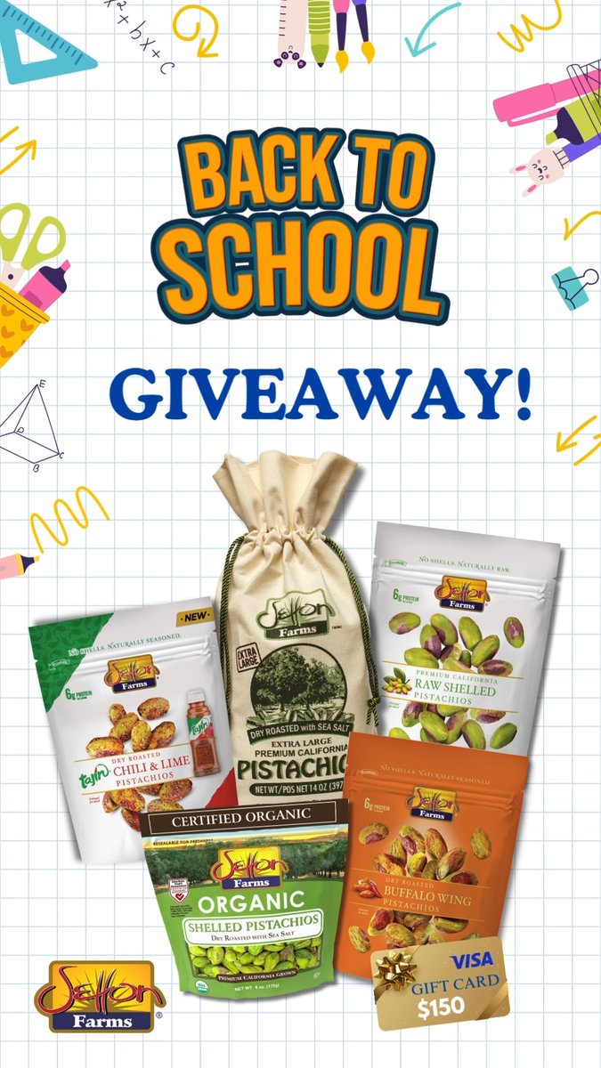 BACK TO SCHOOL GIVEAWAY! 📚Kids are returning to school soon, and healthy snacks like Setton Farms pistachios are a must! 😉 Enter this giveaway for a chance to win a variety of our delicious pistachios plus a $150 gift card! Just follow the rules below! Good luck 🍀 💚 #PoweredByPistachios Rules: 1) Follow us (Setton Farms) and Like this Reel 2) Tag a friend and invite them to enter 3) Optional for extra entries: Follow us on IG TikTok and/or BlueSky Prizes: 📗14oz Dry Roasted with Sea Salt Pistachio Burlap Bag 📗5oz Tajín Seasoned Pistachio Kernels 📗5oz Buffalo Wing Seasoned Pistachio Kernels 📗5oz Raw Pistachio Kernels 📗5 oz Organic Dry Roasted with Sea Salt Pistachio Kernels 📗$150 Gift Card Ends 8/15/2025. Setton Farms reserves the right to swap the giveaway products for another of the same value at its discretion. Participants must reside in the United States. Setton Farms will randomly choose and contact the winner. This giveaway is not associated with nor sponsored by X ⚠️ Beware of scammers! Setton Farms will Never ask you to click on a link or provide credit card information to claim a prize ⚠️ #SettonFarms #wellandgoodeats #cleaneats #healthyeats #plantbased #plantprotein #completeprotein #pistachios #recipe #receta #americasbesttastingpistachios #giveaway