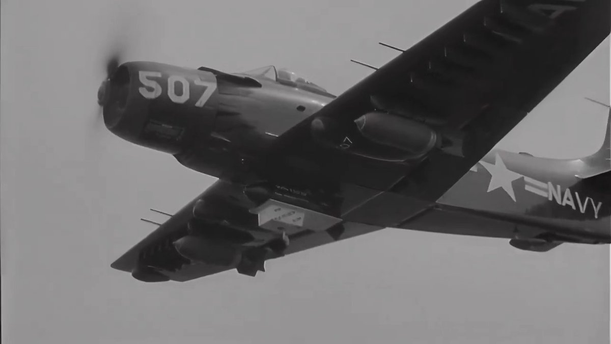 "Everything and the Kitchen Sink". In August 1952 during the Korean war an AD-4 Skyraider assigned to the USS Princeton was accessorized with a Kitchen Sink mounted to a bomb that was ultimately dropped over Pyongyang. Best footage I've seen of this era of the Skyraider.🫡