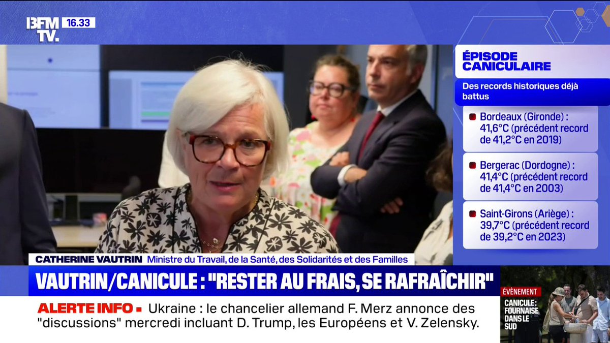 🇫🇷☀️FLASH | Face à la canicule, la ministre de la Santé, Catherine Vautrin rappelle qu'il faut "rester au frais, s'hydrater le plus possible en buvant évidemment de l'eau et en essayant de se rafraichir."