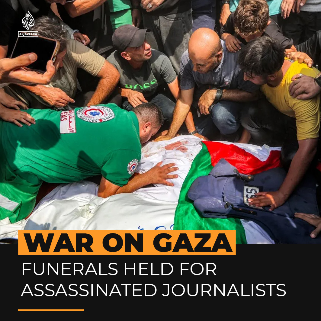 Crowds of Palestinians have attended the funerals of five Al Jazeera journalists assassinated by Israel in a targeted attack on their press tent outside al-Shifa Hospital in Gaza City.
