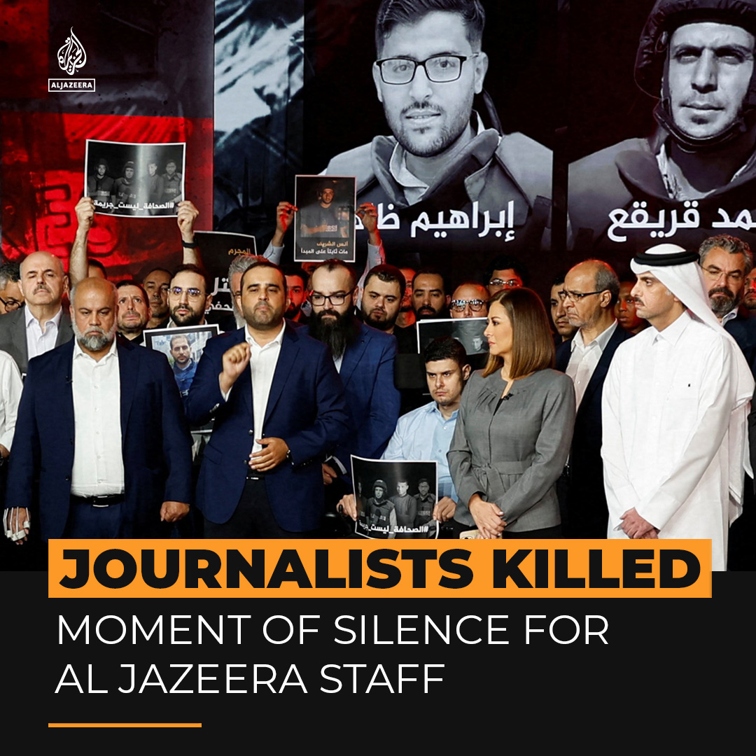 "...Killing correspondents and journalists will not prevent the spread of the truth, the facts, and their words." Al Jazeera employees gathered for a moment of silence to honour its five staff members assassinated in an Israeli strike in Gaza.