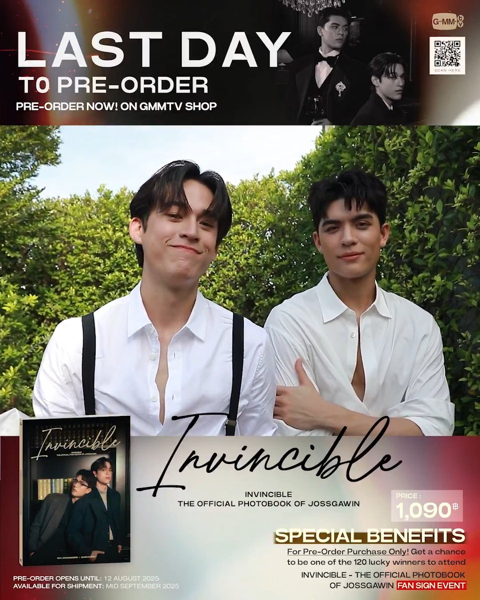 จอสกวินมาบอกว่า วันนี้พรีออเดอร์โฟโต้บุ๊ค INVINCIBLE วันสุดท้ายแล้วน้า มาพรีออเดอร์แล้วไปลุ้นสิทธิ์ Fan Sign กัน สั่งซื้อที่นี่ / Order Here INVINCIBLE | THE OFFICIAL PHOTOBOOK OF JOSSGAWIN #INVINCIBLExJossGawin #JossGawin #จอสกวิน #GMMTV