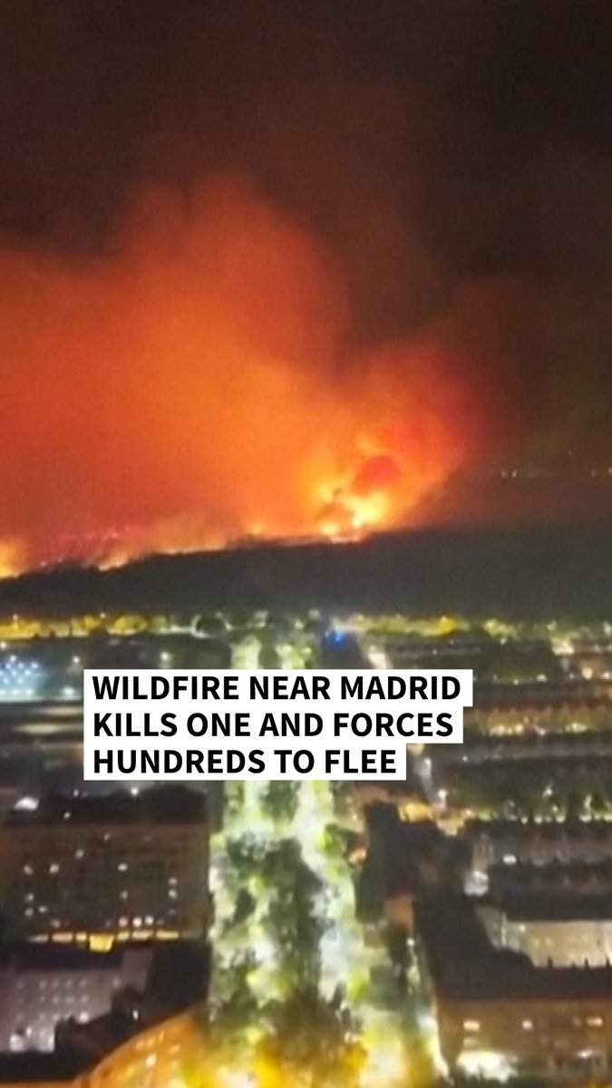 VIDEO: 🇪🇸 Wildfires in Spain kill one and force thousands to flee A man has died from burns and hundreds of people were forced to flee as a wildfire swept through a north Madrid suburb, fuelled by strong winds during a searing heatwave #AFPVertical