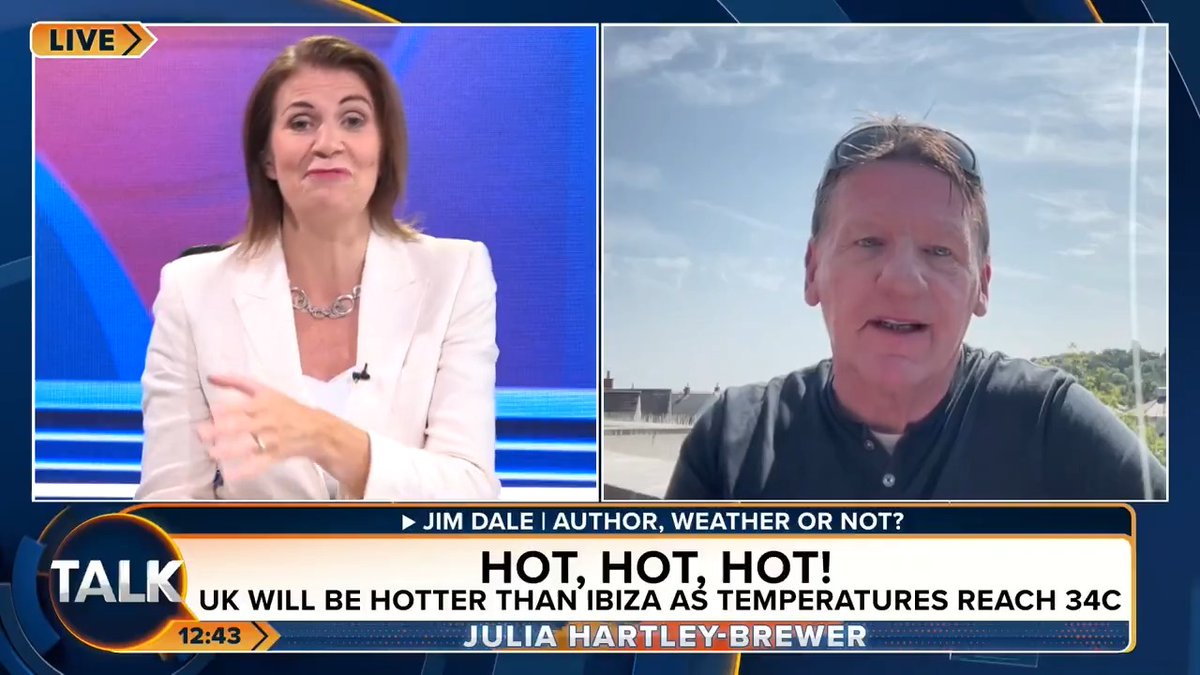 Julia Hartley-Brewer clashes with author Jim Dale, after he accuses her of "denying the science" of climate change following hot British weather. "You climate hysterics would rather elderly people die in heat or cold, than give up and admit you're wrong!" Julia Hartley-Brewer