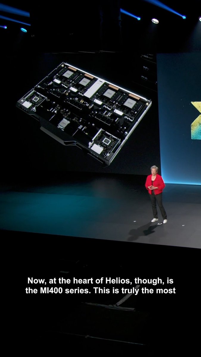“This is the most advanced accelerator we've ever built!” - Dr. Lisa Su. Helios' "heart": The MI400 Series. It runs trillion-plus parameter models, delivers up to 40 PFLOPS of FP4 performance, features 432 GB of HBM4, and supports 300 GB/s of scale-out bandwidth to connect across racks and clusters. Now, this is how we power the future of AI. #AdvancingAI