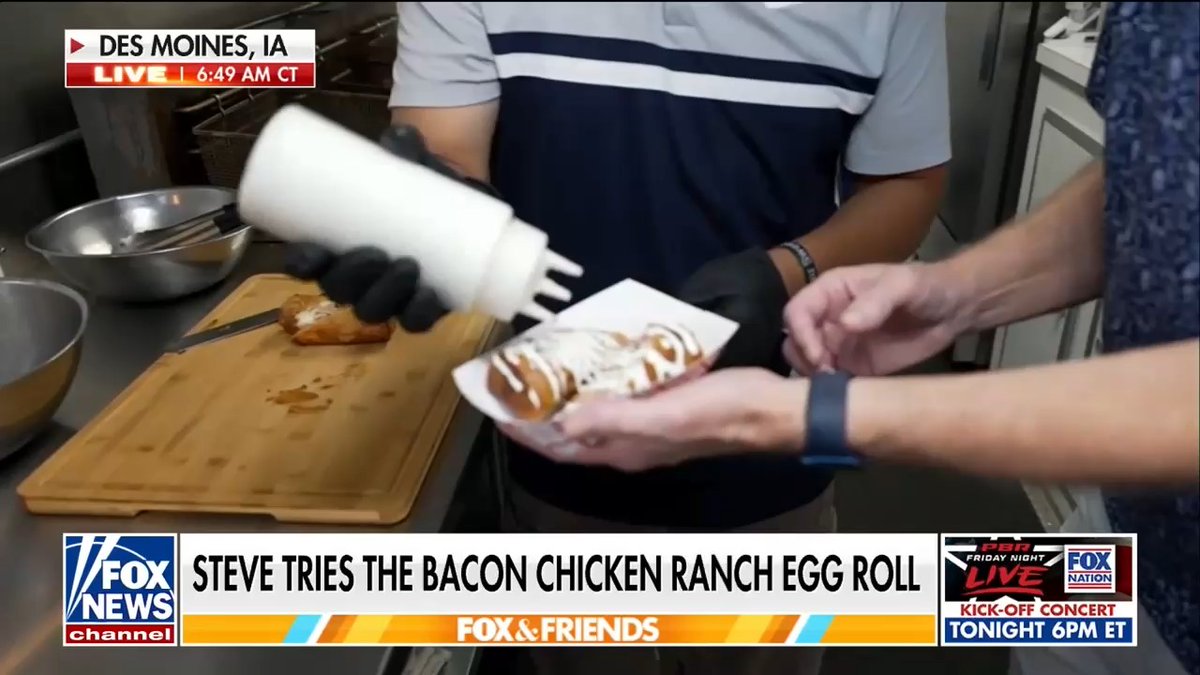 Would you eat a Bacon Chicken Ranch Egg Roll? 👀😋 Steve Doocy eats one of the most popular items from Winn & Sara's Kitchen at the Iowa State Fair.