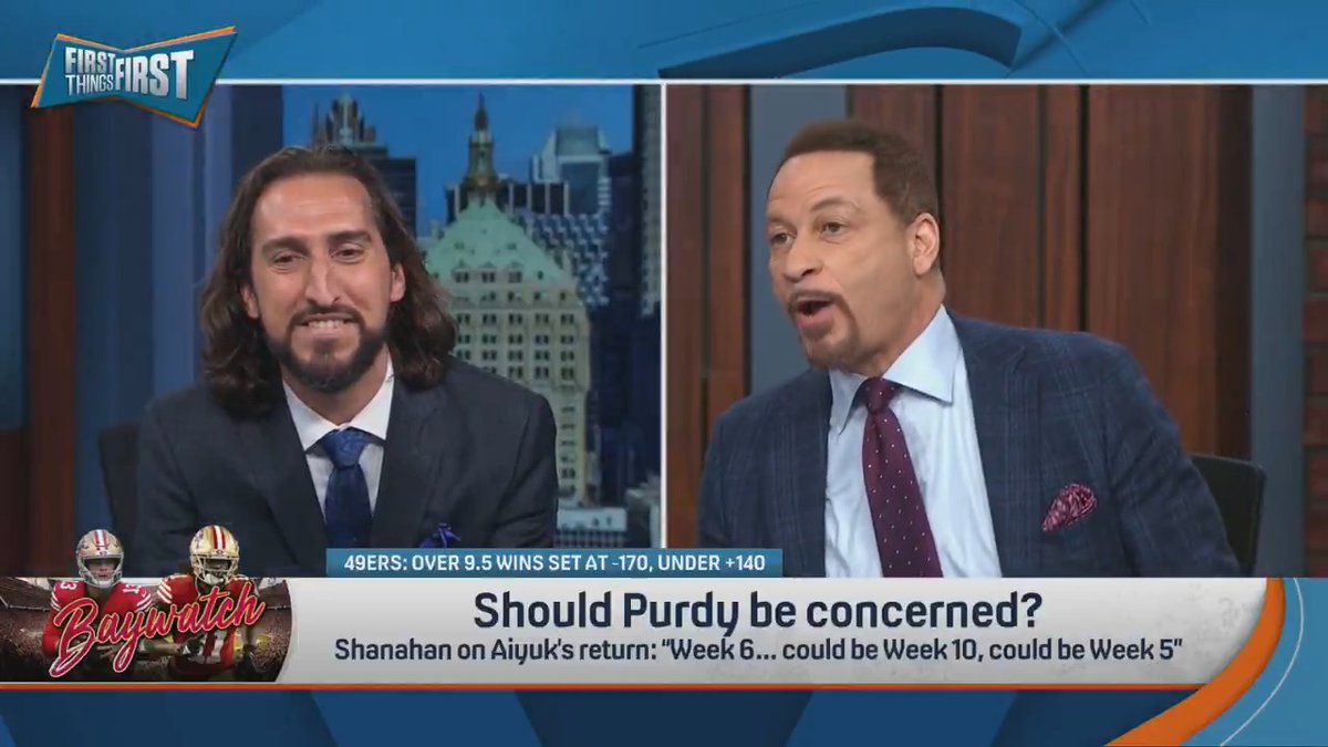 .nick wright: “So much of our Purdy debate is really just shrapnel of an old Jimmy G debate... Brou’s not gonna go down with a sinking ship.” Chris Broussard: “He’s not a sinking ship! The pivot is you becoming a QB wins guy!”