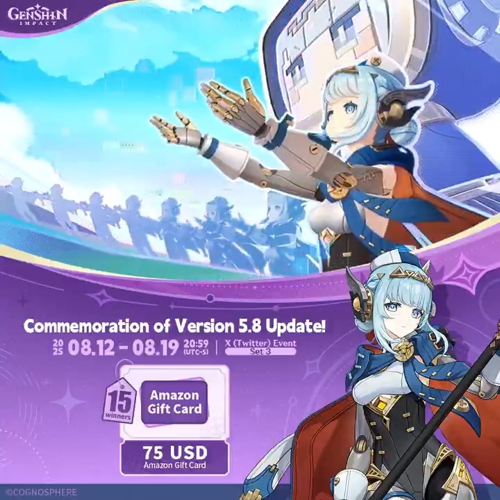 ✨Set 3✨ Commemoration of Version 5.8 Update 🎁Participate in the event for a chance to win a $75 Amazon gift card. How to Participate: ① Follow Genshin Impact ② Retweet this post You can instantly check the event results here>>> #GenshinImpact