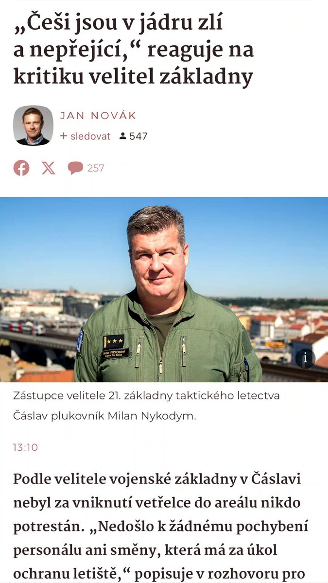 V rozhovoru jsem v emocích pronesl nešťastnou větu o našem národě. Omlouvám se za ni a jako gesto pokory věnuji 50 000 Kč projektu Paměť národa. — plk. Nykodym, 21. základna taktického letectva Čáslav
