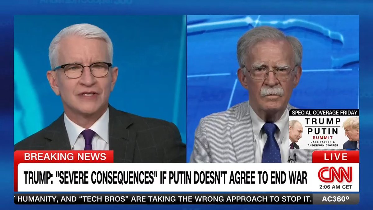 "Part of what Putin is going to try and do here is make this a bigger discussion than Ukraine": Former Trump National Security Adviser John Bolton talks about how the Russian leader will try to turn the upcoming summit in Alaska to his advantage.