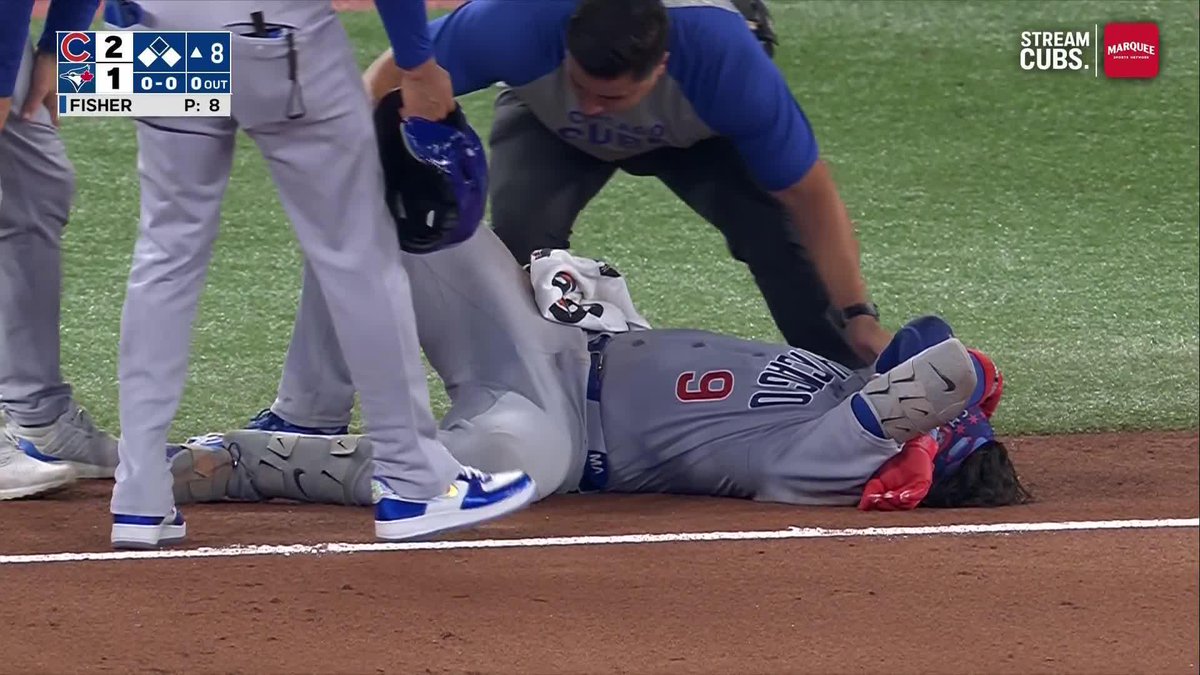 Miguel Amaya was carted off the field after he stepped on first base awkwardly and fell to the ground (via Marquee Sports Network)