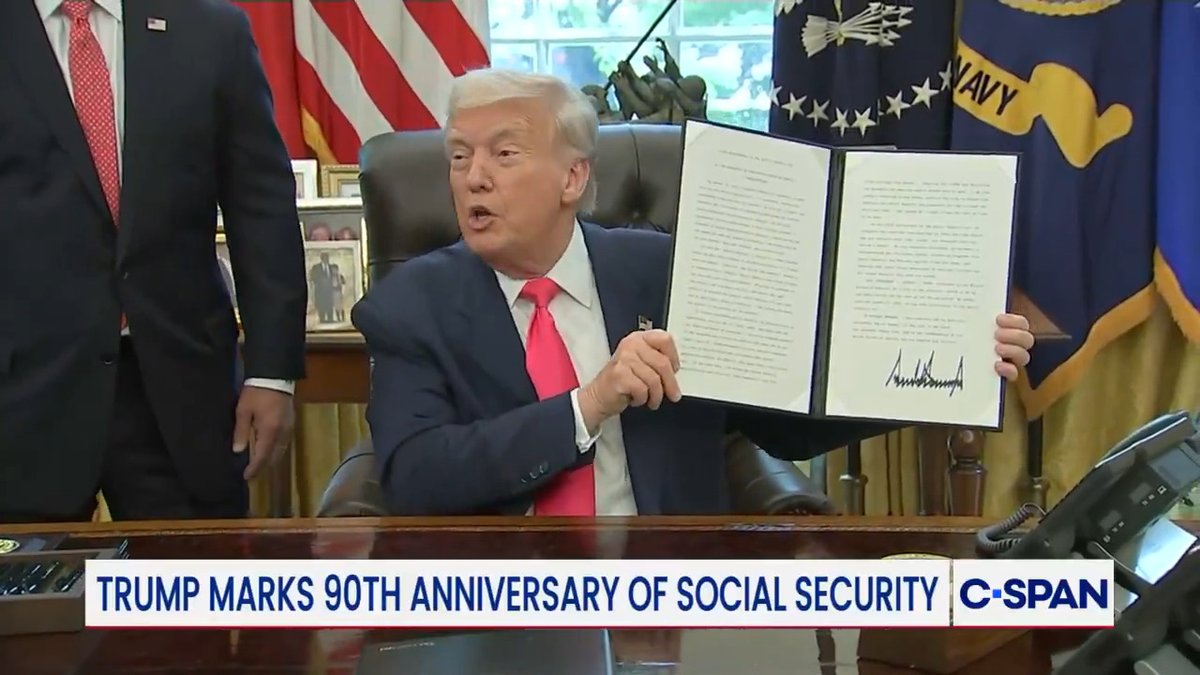 President Trump signs proclamation on Social Security: "Signed by the human hand, for a change."
