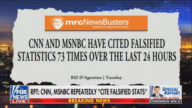 On Thursday’s Fox News @ Night, Trace Gallagher cited count by Bill D'Agostino: “MRC NewsBusters writes the following here about D.C. crime numbers. It says CNN and MSNBC have cited falsified statistics 73 times over the last 24 hours. 73 times and Scott Jennings, the CNN conservative, said the following” as “he was the only one that didn’t cite the wrong numbers.”
