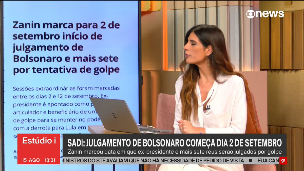 .Andréia Sadi: julgamento do ex-presidente Jair Bolsonaro começa dia 2 de setembro. #Estúdioi ➡ Assista à #GloboNews:
