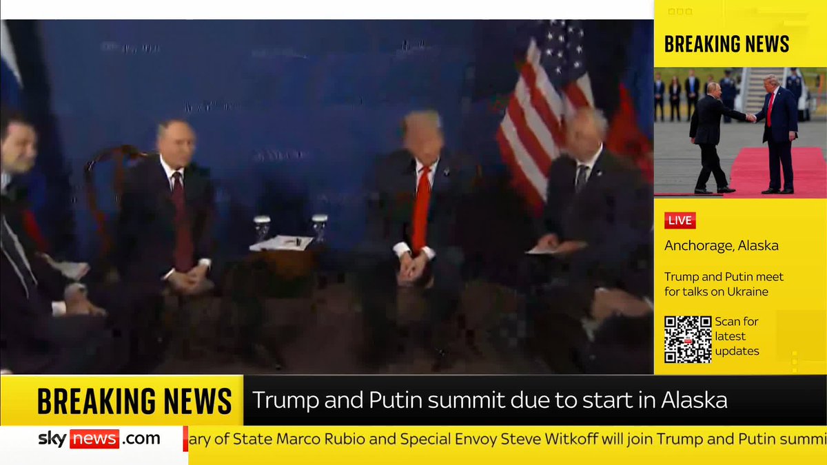 BREAKING: Putin and Trump speak to media before the summit. Marco Rubio and Steve Witkoff join Trump on the US side of the table, while foreign minister Sergei Lavrov and aide Yuri Ushakov join Putin. Ukraine War latest: 📺 Sky 501 and YouTube