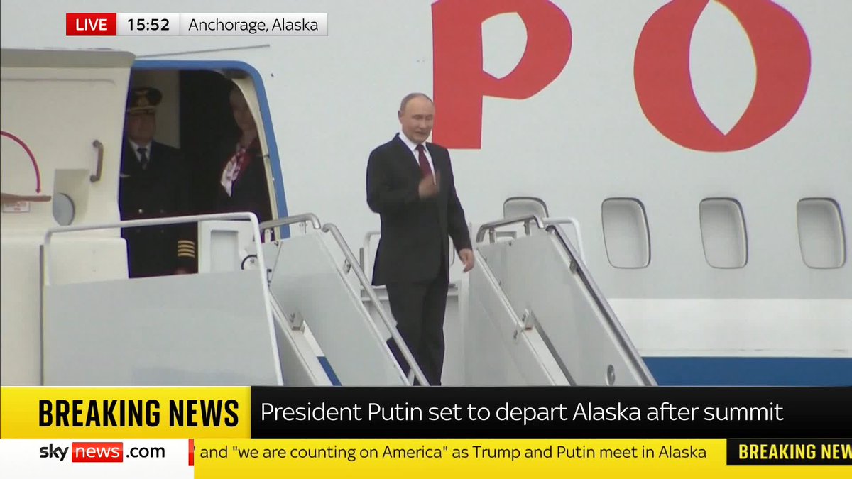 Russian President Vladimir Putin is seen walking up the steps of his plane as he prepares to leave Alaska after meeting Donald Trump. Latest: 📺 Sky 501, Virgin 602, Freeview 233 and YouTube