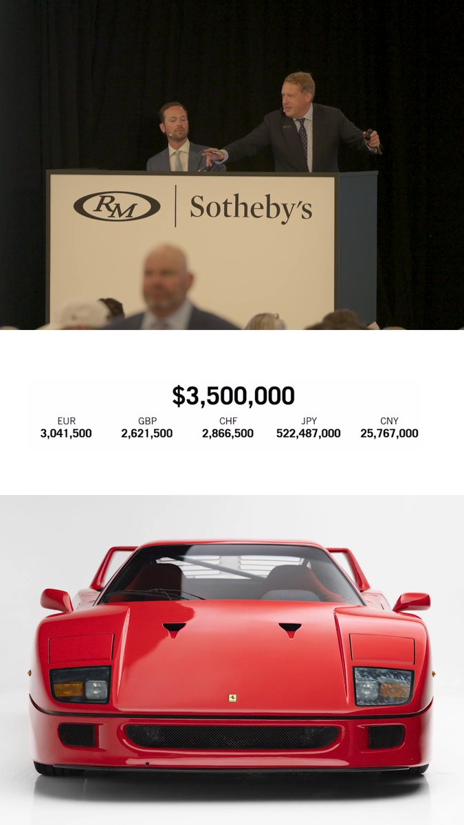 SOLD: $3,855,000 USD The 360 km 1990 Ferrari F40 has found a new owner on night one of RM Sotheby's Monterey auction. #RMMonterey #RMSothebys #Ferrari #F40 #MontereyCarWeek