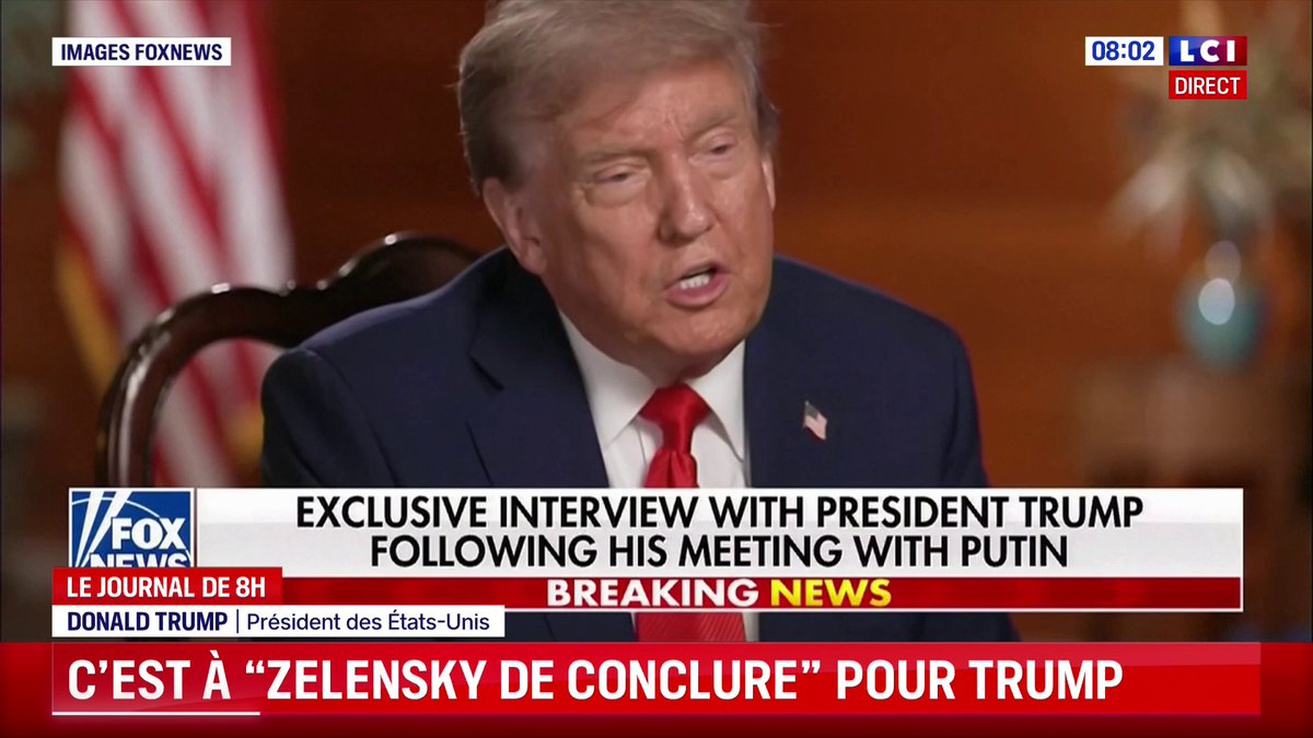 🔴 Trump après le sommet avec Poutine : "Un accord dépend de Zelensky" ▶️ "Maintenant ça dépend vraiment du président Zelensky pour y parvenir. Et je dirais également les pays européens", a déclaré le président américain juste après sa rencontre avec son homologue russe.
