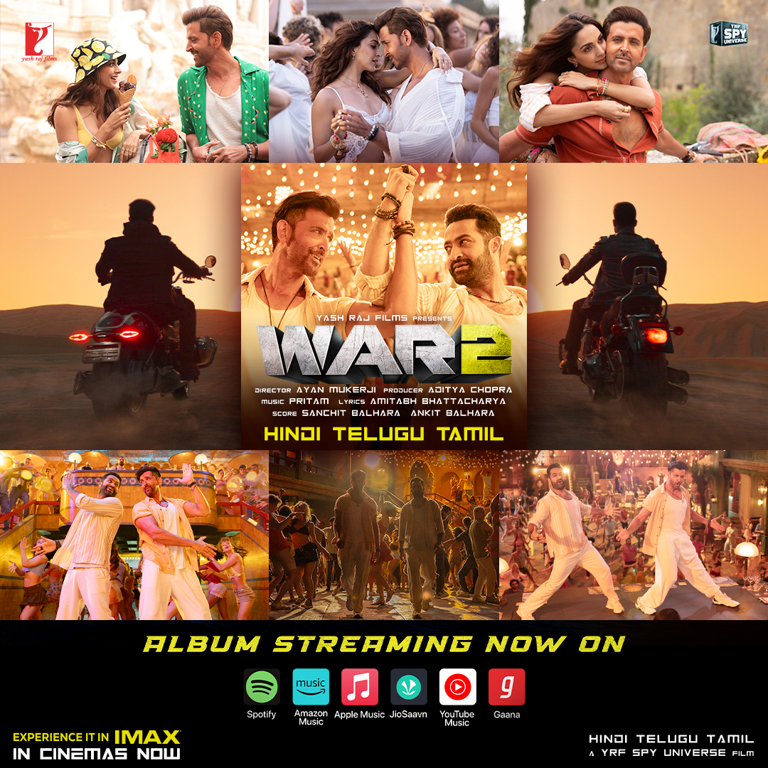 The wait is over. The music of #War2 is HERE 💥 Album streaming now, across platforms! Hindi: Telugu: Tamil: #War2 in cinemas now in Hindi, Telugu and Tamil.