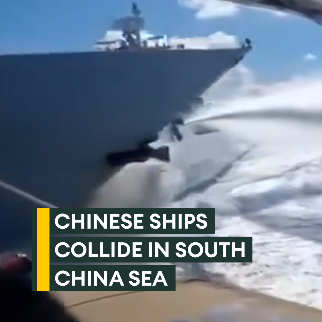 Watch the dramatic collision between a Chinese navy destroyer and a coast guard vessel as they chase a Philippine ship🚢💥 Both Chinese vessels suffered heavy damage amid rising South China Sea tension👀⬇️