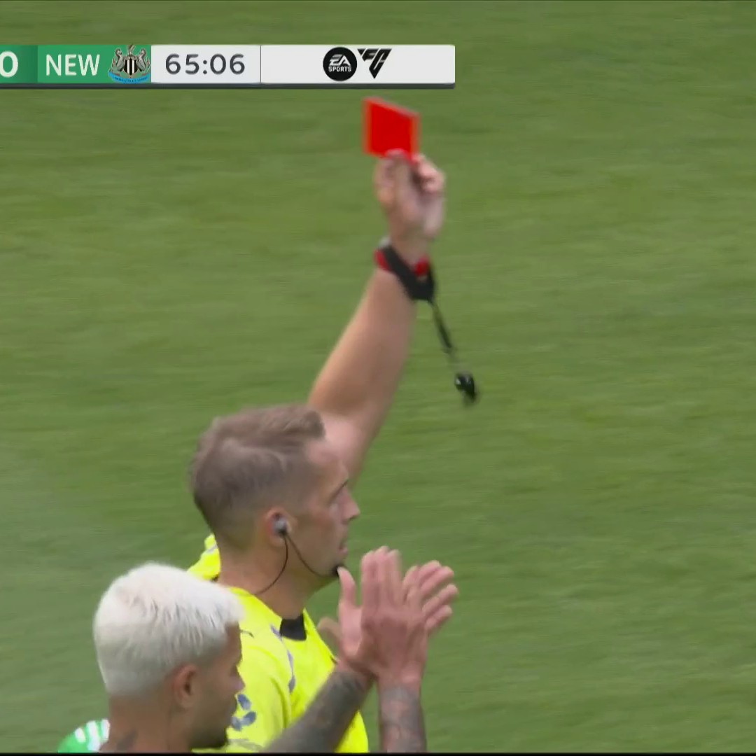 The first RED CARD of the season is shown to Aston Villa's Ezri Konsa. 🟥
