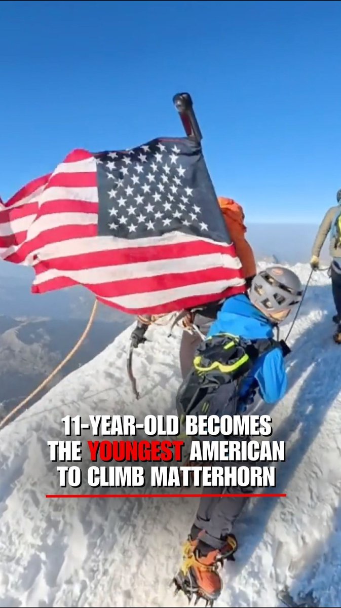 Sam Evermore, 11, takes the US flag to the top of Matterhorn as he becomes the youngest American to ever reach the top.