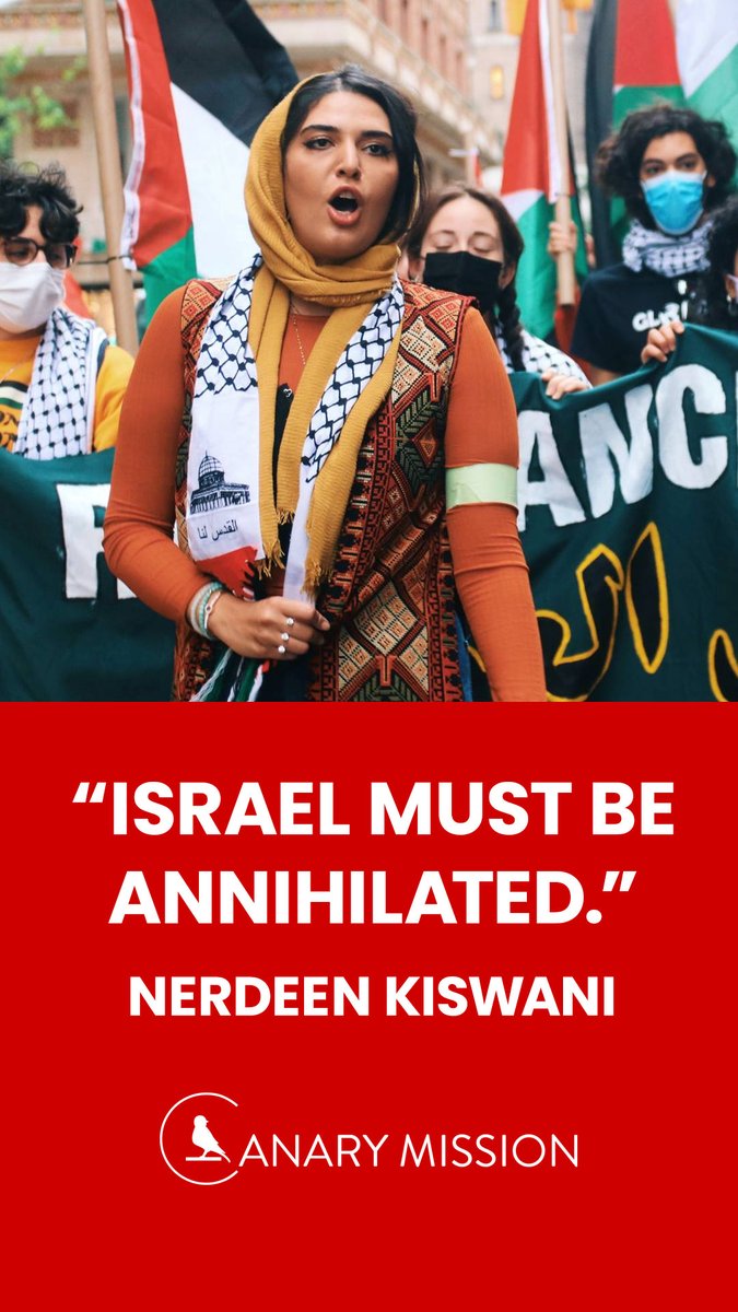 Nerdeen Kiswani is a terrorist living in America. She is one of the most disgusting, pathetic human beings I've ever seen. She has been relentlessly calling for the killing of Jews and the complete abolition of the state of Israel.