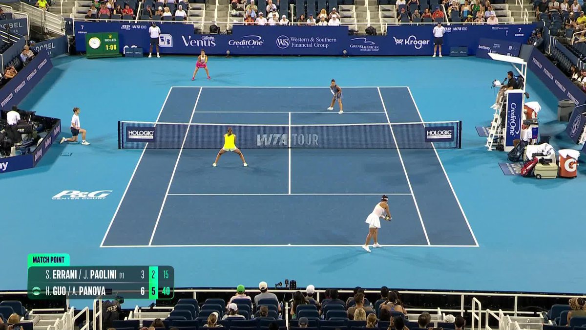 Big serve to close it out ‼️ Guo/Panova take out the No.1 seeds Paolini/Errani for a place in the doubles final! #CincyTennis