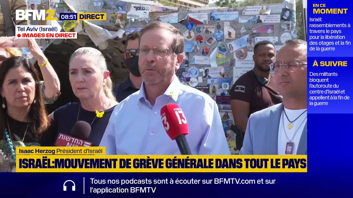 "Arrêtez d'être une bande d'hypocrites [...]et dites au Hamas: pas d'accord, rien tant [que les otages] ne seront pas libérés" Isaac Herzog, président d'Israël, est sur la place des otages à Tel-Aviv, en ce jour de grève générale demandé par les familles d'otages #BFM2
