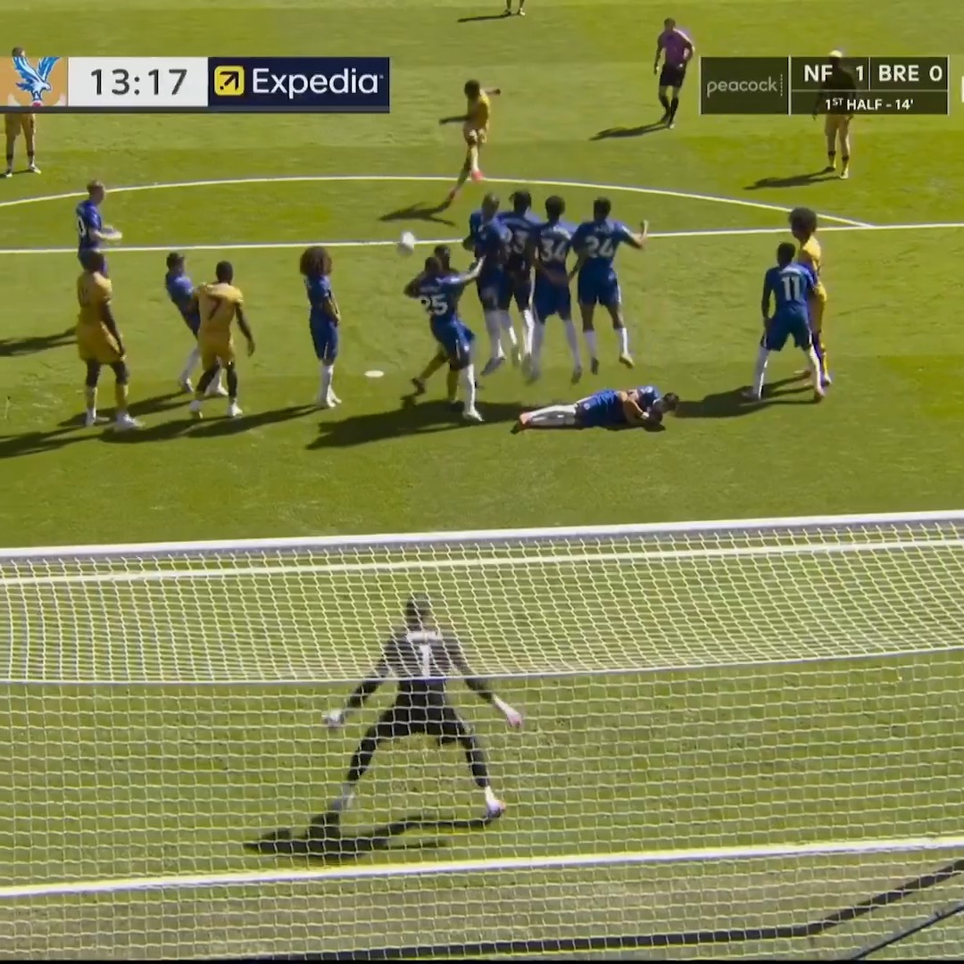 Ebere Eze smashes in a free kick, but his teammate Marc Guehi was within one meter of Chelsea's wall when it was taken, resulting in a disallowed goal for Crystal Palace. 😯